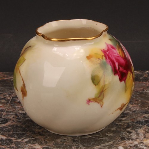 137 - A Royal Worcester globular vase, painted by E. Spilsbury, signed, with Hadley style roses, 7cm high,... 