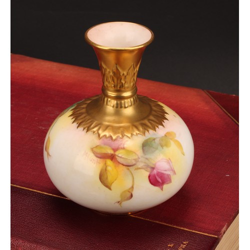 129 - A Royal Worcester compressed ovoid vase, painted by M. Hunt, signed, with Hadley style roses, gilt n... 