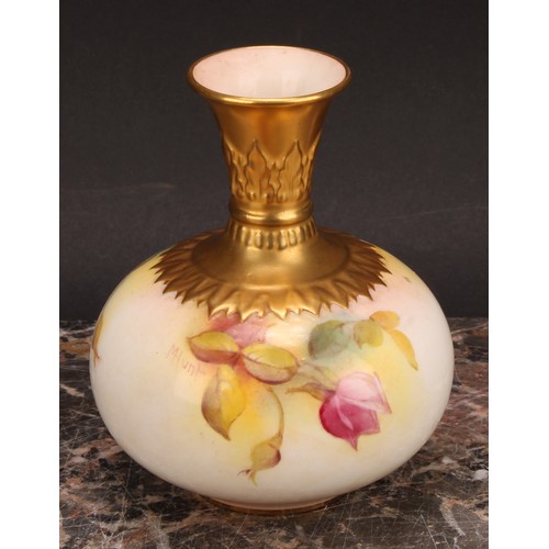 129 - A Royal Worcester compressed ovoid vase, painted by M. Hunt, signed, with Hadley style roses, gilt n... 