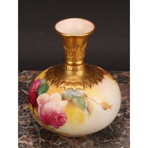 129 - A Royal Worcester compressed ovoid vase, painted by M. Hunt, signed, with Hadley style roses, gilt n... 