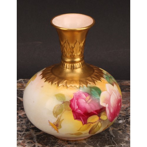 129 - A Royal Worcester compressed ovoid vase, painted by M. Hunt, signed, with Hadley style roses, gilt n... 