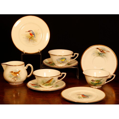 158 - A set of three Royal Worcester teacups and saucers, painted by D. Jones, signed, with British birds,... 