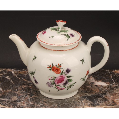 160 - A Worcester globular teapot and cover, painted with floral bouquets and sprigs in polychrome, line a... 