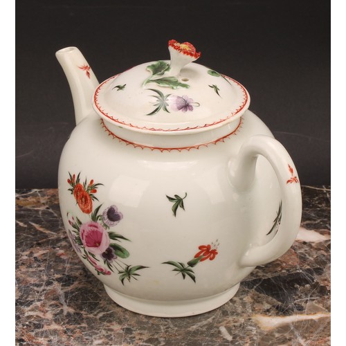 160 - A Worcester globular teapot and cover, painted with floral bouquets and sprigs in polychrome, line a... 