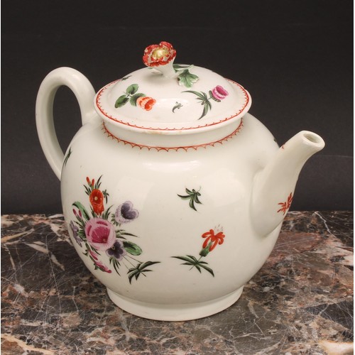 160 - A Worcester globular teapot and cover, painted with floral bouquets and sprigs in polychrome, line a... 