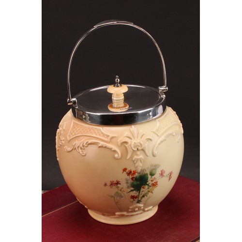 138 - A Royal Worcester Hadley silver mounted ovoid biscuit barrel, moulded in relief and decorated in pol... 