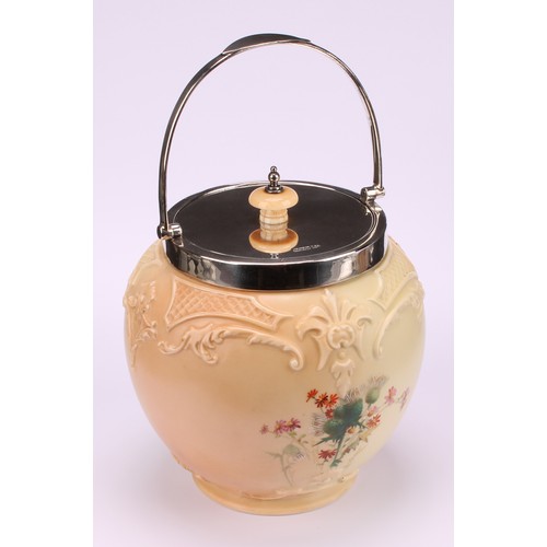 138 - A Royal Worcester Hadley silver mounted ovoid biscuit barrel, moulded in relief and decorated in pol... 