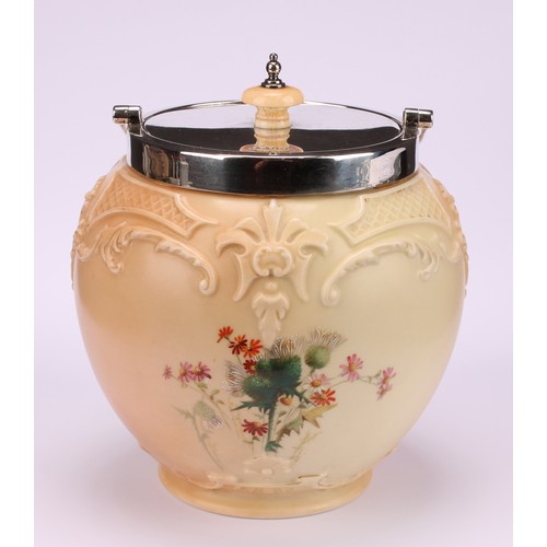 138 - A Royal Worcester Hadley silver mounted ovoid biscuit barrel, moulded in relief and decorated in pol... 