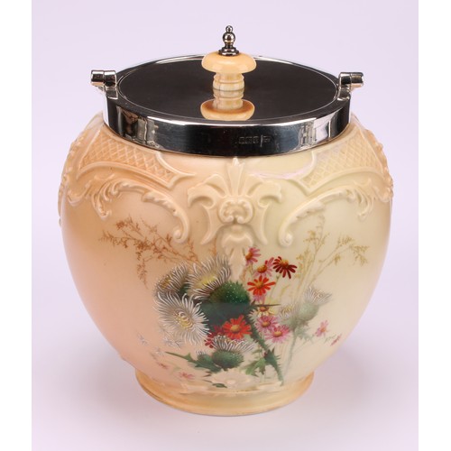 138 - A Royal Worcester Hadley silver mounted ovoid biscuit barrel, moulded in relief and decorated in pol... 