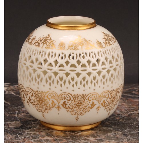 144 - A Royal Worcester ovoid reticulated vase, by George Owen, outlined with gilt bands of scrolls and st... 