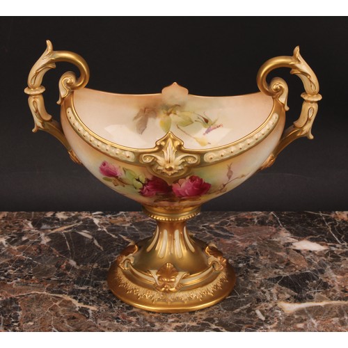 127 - A Royal Worcester boat shaped pedestal vase, painted by K Austin, signed, with roses, on a blush ivo... 