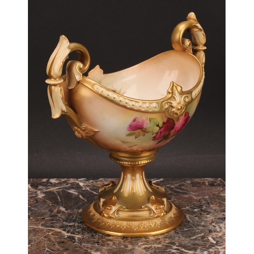 127 - A Royal Worcester boat shaped pedestal vase, painted by K Austin, signed, with roses, on a blush ivo... 