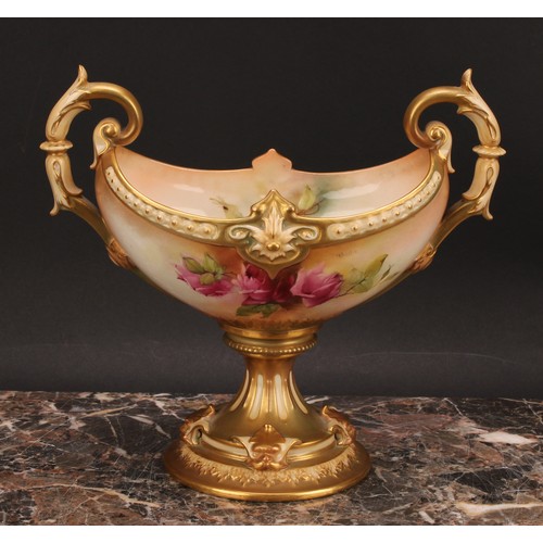 127 - A Royal Worcester boat shaped pedestal vase, painted by K Austin, signed, with roses, on a blush ivo... 