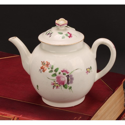 161 - A Worcester globular teapot and cover, painted with floral bouquets in polychrome, flower finial, 14... 