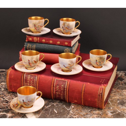 156 - A set of six Royal Worcester coffee cups and saucers, painted by James Stinton, signed, with pheasan... 