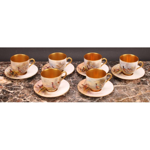 156 - A set of six Royal Worcester coffee cups and saucers, painted by James Stinton, signed, with pheasan... 