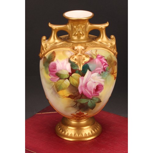 146 - A Royal Worcester ovoid vase, painted by R Austin, signed, with roses on a blush ivory ground, mould... 