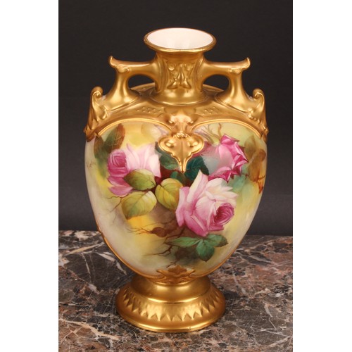 146 - A Royal Worcester ovoid vase, painted by R Austin, signed, with roses on a blush ivory ground, mould... 