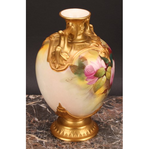 146 - A Royal Worcester ovoid vase, painted by R Austin, signed, with roses on a blush ivory ground, mould... 