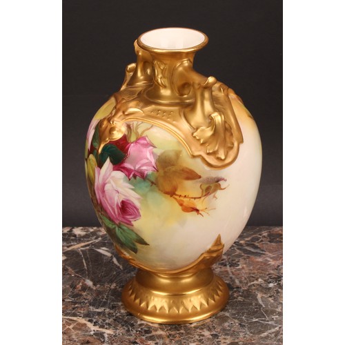 146 - A Royal Worcester ovoid vase, painted by R Austin, signed, with roses on a blush ivory ground, mould... 