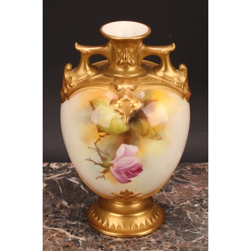 146 - A Royal Worcester ovoid vase, painted by R Austin, signed, with roses on a blush ivory ground, mould... 