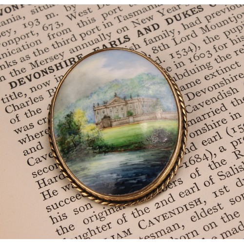 250 - A Lynton oval brooch, painted by Stefan Nowacki, signed, Chatsworth House, silver gilt mount, printe... 