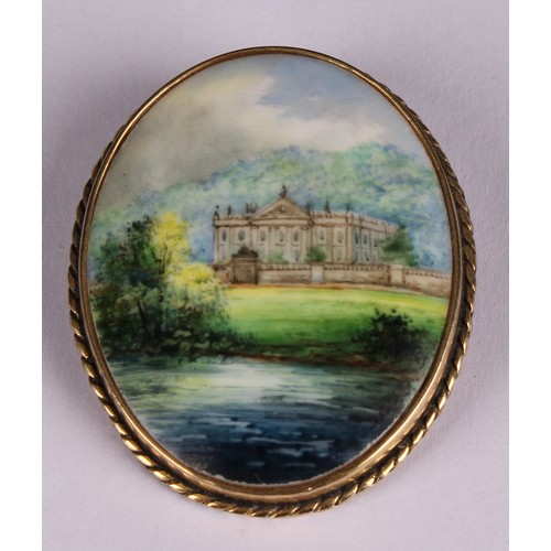 250 - A Lynton oval brooch, painted by Stefan Nowacki, signed, Chatsworth House, silver gilt mount, printe... 