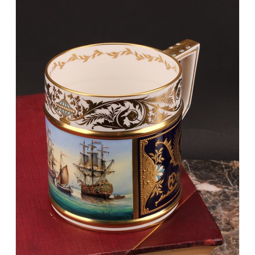 252 - A Lynton porter mug, painted by Stefan Nowacki, signed, with sailing ships on a calm sea, the border... 