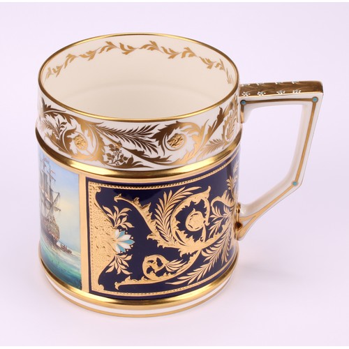 252 - A Lynton porter mug, painted by Stefan Nowacki, signed, with sailing ships on a calm sea, the border... 