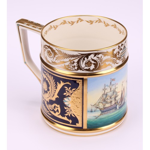 252 - A Lynton porter mug, painted by Stefan Nowacki, signed, with sailing ships on a calm sea, the border... 