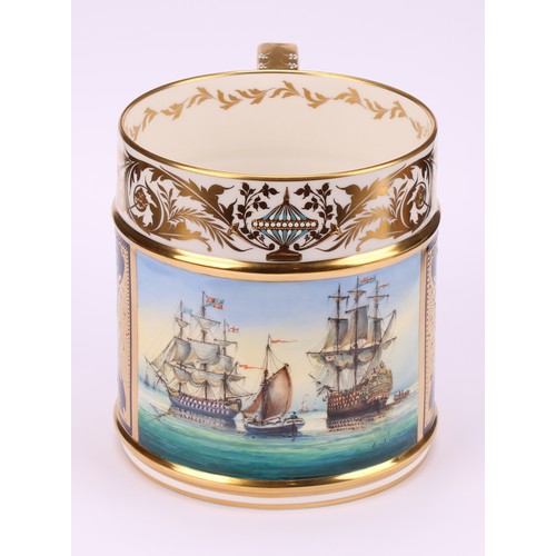 252 - A Lynton porter mug, painted by Stefan Nowacki, signed, with sailing ships on a calm sea, the border... 