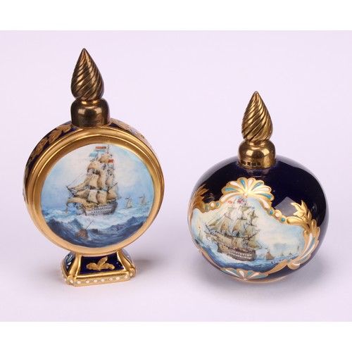 251 - A Lynton porcelain globular scent bottle, painted by Stefan Nowacki, signed, with a sailing ship on ... 