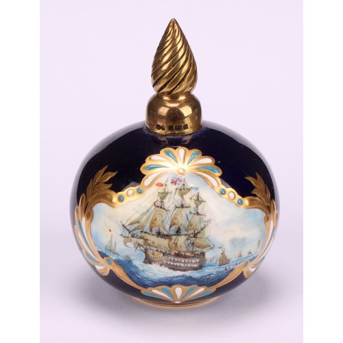 251 - A Lynton porcelain globular scent bottle, painted by Stefan Nowacki, signed, with a sailing ship on ... 