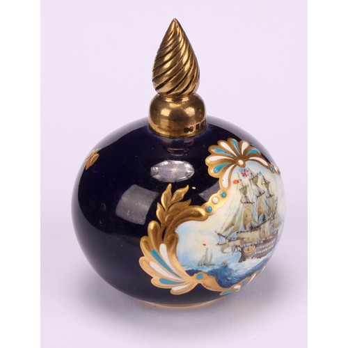 251 - A Lynton porcelain globular scent bottle, painted by Stefan Nowacki, signed, with a sailing ship on ... 