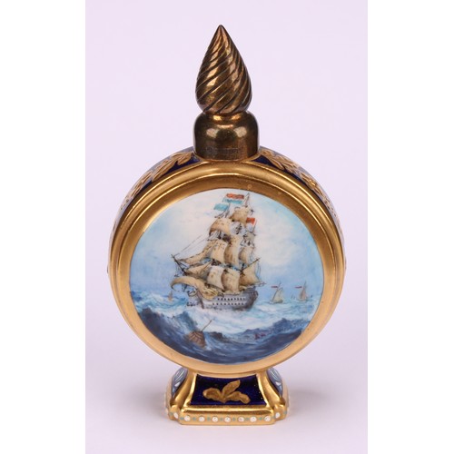 251 - A Lynton porcelain globular scent bottle, painted by Stefan Nowacki, signed, with a sailing ship on ... 