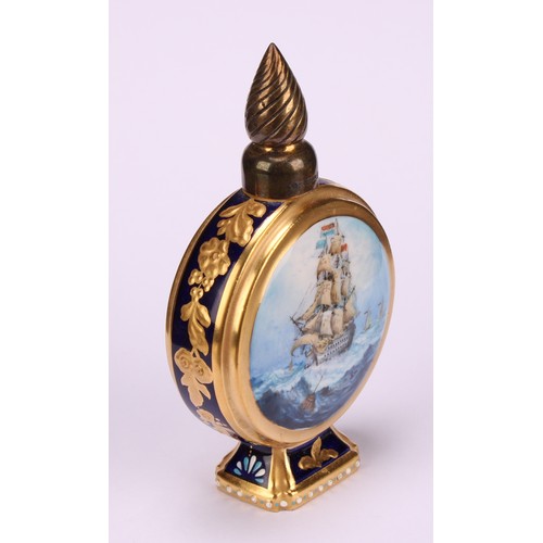 251 - A Lynton porcelain globular scent bottle, painted by Stefan Nowacki, signed, with a sailing ship on ... 