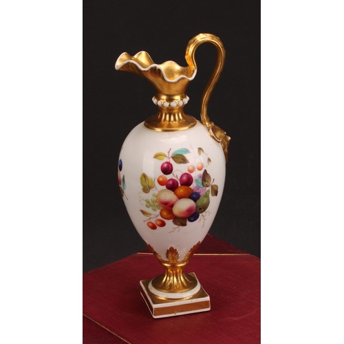 172 - A Bloor Derby pedestal ewer, painted by Thomas Steele, with ripening fruit, gilt neck, handle and ba... 