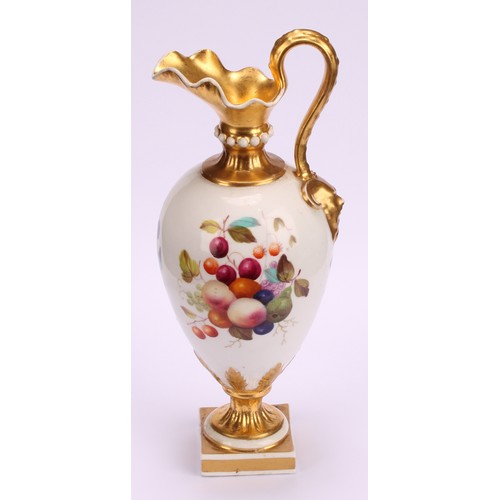 172 - A Bloor Derby pedestal ewer, painted by Thomas Steele, with ripening fruit, gilt neck, handle and ba... 