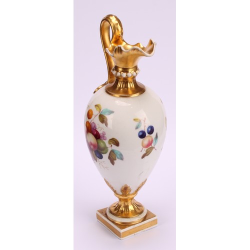 172 - A Bloor Derby pedestal ewer, painted by Thomas Steele, with ripening fruit, gilt neck, handle and ba... 