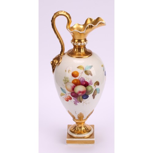 172 - A Bloor Derby pedestal ewer, painted by Thomas Steele, with ripening fruit, gilt neck, handle and ba... 