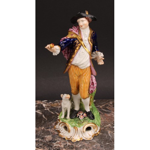 182 - A pair of Derby figures, Shepherd and Shepherdess, he wearing a broad brimmed black hat, blue jacket... 