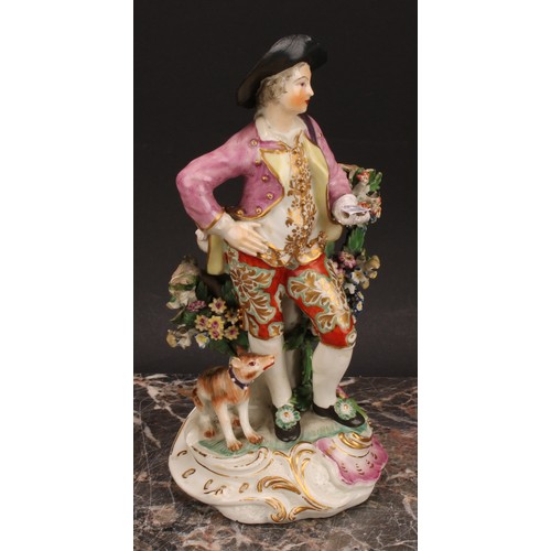 183 - A pair of Derby figures, The Garland Shepherds, he wearing a broad brimmed black hat, pink jacket, o... 