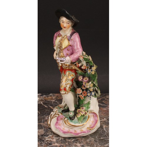 183 - A pair of Derby figures, The Garland Shepherds, he wearing a broad brimmed black hat, pink jacket, o... 