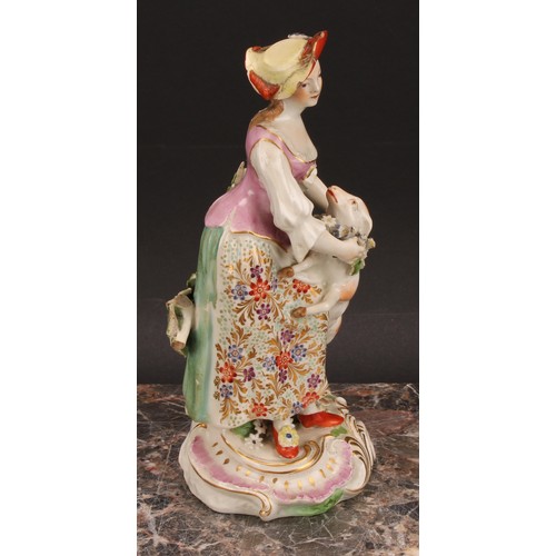 183 - A pair of Derby figures, The Garland Shepherds, he wearing a broad brimmed black hat, pink jacket, o... 