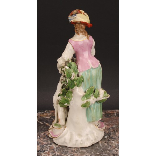 183 - A pair of Derby figures, The Garland Shepherds, he wearing a broad brimmed black hat, pink jacket, o... 