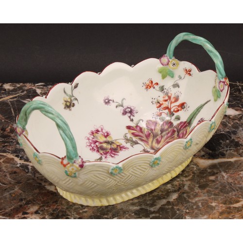 188 - A rare early 18th century Derby two-handled basket, painted with partially blown tulip and other flo... 