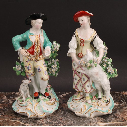 184 - A pair of Derby figures, The Garland Shepherds, he wearing a broad brimmed black hat, turquoise jack... 