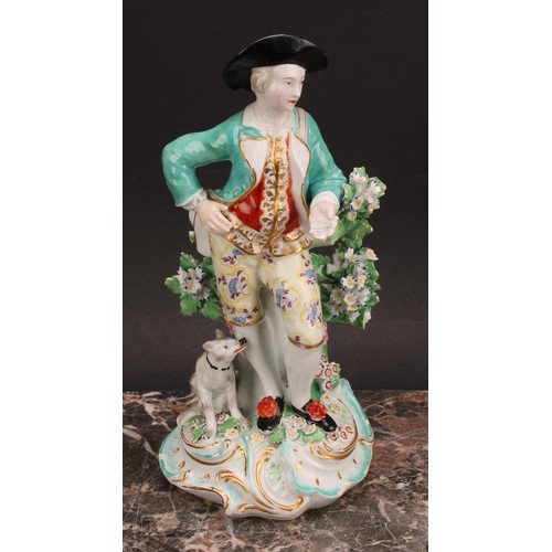 184 - A pair of Derby figures, The Garland Shepherds, he wearing a broad brimmed black hat, turquoise jack... 