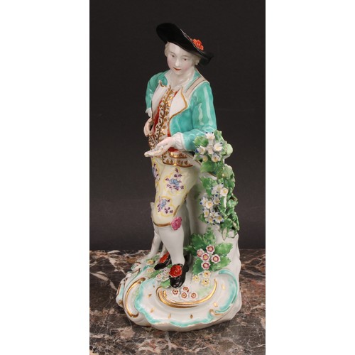 184 - A pair of Derby figures, The Garland Shepherds, he wearing a broad brimmed black hat, turquoise jack... 