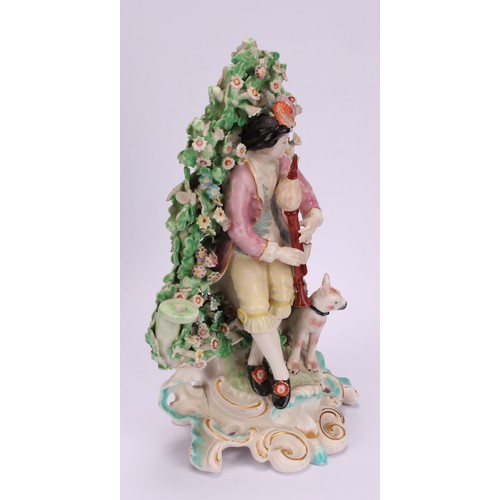 185 - A pair of Derby Patch Mark figures, of a shepherd and shepherdess, he seated wearing feathered headd... 